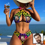 Custom Face Leopard Bikini Personalized Women's Crossover Halterneck Bikini Set Swimsuit Bathing Suit