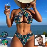 Custom Face Leaves Bikini Personalized Women's Crossover Halterneck Bikini Set Swimsuit Bathing Suit