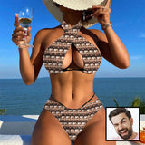 Custom Seamless Face Bikini Personalized Women's Crossover Halterneck Bikini Set Swimsuit Bathing Suit