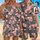 Couple Matching Hawaiian Set Romper Custom Face Valentine's Day Men's Hawaiian Shirt Set Women's Off Shoulder Knot Front Pocket Romper For Summer Beach Holiday