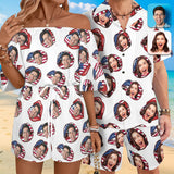 Couple Matching Hawaiian Set Romper Custom Face American Flag Men's Hawaiian Shirt Set Women's Off Shoulder Knot Front Pocket Romper For Summer Beach Holiday