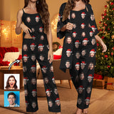 Custom Face Santa Hat Satin Women's Three-Piece Pocket Cami Pajama Robe Set for Weddings Parties Outings and Home