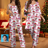 Custom Face Christmas Snow Satin Women's Three-Piece Pocket Cami Pajama Robe Set