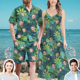 Couple Hawaiian Dress Set Custom Face Green Men's Hawaiian Shirt Set Women's V-Neck Cami Maxi Dress For Summer Beach Holiday