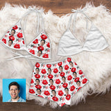 Custom Face Red Lip Flannel Pajama Set Women's Short Sleepwear Halter Triangle Bra & Shorts