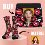 [Underwear+Socks]Custom Girlfriend Face Biting Lips Pattern Men's All Over Print Boxer Briefs Personalized Love Heart Underwear