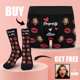 [Underwear+Socks]Custom Girlfriend Face & Text Lips Pattern Men's All Over Print Boxer Briefs Personalized Love Heart Underwear