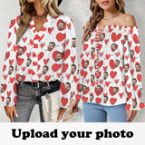 Custom Long Sleeve Ruffled Trim Women Shirt Personalized Face Red Heart Blouse