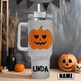 Custom Name 40 Oz Rhinestone Tumbler Halloween Pumpkin Bling Stainless Steel Tumbler With Handle and Straw Lid