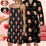 Valentine's Day Couple Matching Loungewear Custom Face Black Pajama Drawstring Neck Sleeveless Dress and Belted Night Robe