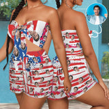 Custom Face DIY American Flag Personalized Women's Tie Front Tube Top & Shorts Set