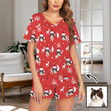 Custom Face Short Pajama Sets Christmas Hat Women's V-Neck Loungewear Sleepwear