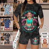 Custom Face&Text Oversized Short Sleeve T-Shirt&Biker Shorts Set Women 2 Piece Outfit Sports Tracksuit