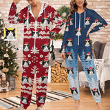 Custom Face Unisex Adult Hooded Onesie Jumpsuits with Pocket Christmas Snowflake Personalized Zip One-piece Pajamas