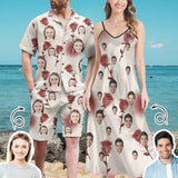 Couple Hawaiian Dress Set Custom Face Rose Men's Hawaiian Shirt Set Women's V-Neck Cami Maxi Dress For Summer Beach Holiday