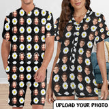 Couple Matching Short Sleeve Onesies Pajamas Custom Face Flowers Women's V-Neck Button Jumpsuit Men's Rompers