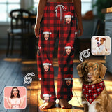 Custom Face Red Plaid Christmas Hat Pajama Pants and Pet Dog Bandana