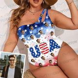 Custom Face Fireworks USA Flag Women's One Shoulder Keyhole One Piece Swimsuit Custom Picture Bathing Suit