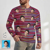 Men's Long-Sleeve Henley Shirt Custom Face Stripes Slim-Fit Cotton T-Shirt Tee Top