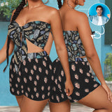 Custom Face Leaves Pattern Personalized Women's Tie Front Tube Top & Shorts Set - Black