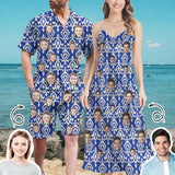 Couple Hawaiian Dress Set Custom Face Bohemian Blue Men's Hawaiian Shirt Set Women's V-Neck Cami Maxi Dress For Summer Beach Holiday