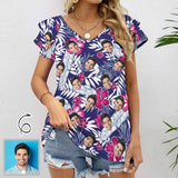 Custom Face Blue&Pink Womens Summer Tops Ruffle Short Sleeve V Neck T-Shirts Tunic Loose Casual Tops