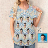 Custom Face Bohemian Women's T-Shirts Tunic Button Tops Casual Blouses Summer Short Sleeve Pleated Shirts