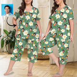 Custom Face Green Flowers Women's Loungewear Set Short Sleeve Shirt and Capri Pants Sleepwear Pajama Set