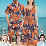 Couple Hawaiian Dress Set Custom Face Palm Tree Men's Hawaiian Shirt Set Women's V-Neck Cami Maxi Dress For Summer Beach Holiday