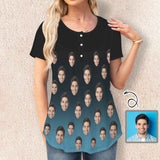 Custom Face Gradient Women's T-Shirts Tunic Button Tops Casual Blouses Summer Short Sleeve Pleated Shirts