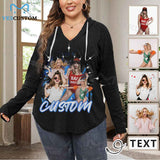 Custom Your Photo&Text Bling V Neck Long Sleeve Drawstring Pullover Hoodies Shirts With Pocket Personalized Hoodie Tops For Women