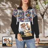 Custom Photo Flowers Women's Lapel Half Zip Pullover Drawstring Sweatshirts Fashion Outfits