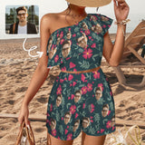 Custom Face Red Flowers Beach Outfits Personalized Women's One Shoulder Ruffle Trim Top & Shorts Set