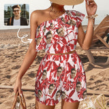 Custom Face Red Leaves Beach Outfits Personalized Women's One Shoulder Ruffle Trim Top & Shorts Set