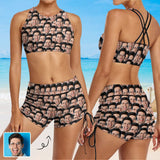 Custom Seamless Face Drawstring Boyshorts Bikini Set Personalized High Waisted Bikini Bathing Suit