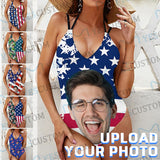 Custom Face American Flag Style Swimsuit Personalized Women's V-neck One Piece Bathing Suit For Her