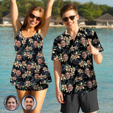 Couple Matching Hawaiian Shirts&Swimsuits with Faces Best Couple Gift Flower Parrot Personalized Hawaiian Shirts&Tankini