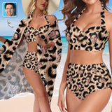 Custom Face Sexy Leopard Women's Bikini Swimsuit Long Short Kimono Chiffon Blouse Set