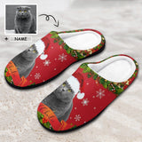 Custom Cat's Photo & Name Christmas Hat All Over Print Cotton Slippers For Men Women