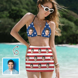 Custom Face American Flag Bikini Set Personalized Halterneck String Three-Pieces Bikini Skirts Set