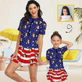 Custom Face American Flag Family Swimsuit Swimdress Personalized One-Piece Swimsuit For Women and Girls