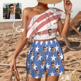 Custom Face American Flag Style Beach Outfits Personalized Women's One Shoulder Ruffle Trim Top & Shorts Set