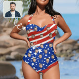 Custom Face American Flag Style Stripes Strap Personalized One-piece Retro Bikini Swimsuit Custom One Piece Bathing Suits