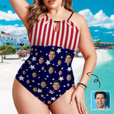 Custom Face American Flag Style Swimsuit Personalized Women's One Piece Backless Tie Swimsuit Face Bathing Suit