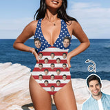 Custom Face American Flag Style Women's V-Neck One Piece Swimsuit Personalized Women's Tank Top Bathing Swimsuit Honeymoons For Her