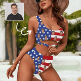 Custom Face American Flag Women's High Waisted Bikini Sets Personalized High Cut Swimsuits Sporty Cut Out Swimsuits Bathing Suits