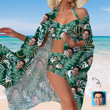 Custom Face Banana Leaves Women's Bikini Swimsuit Long Short Kimono Chiffon Blouse Set