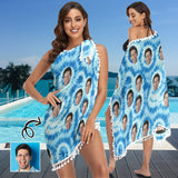 Custom Face Blue Beach Wraps Chiffon Sarong Bikini Swimsuit Cover Ups Skirt Tassels