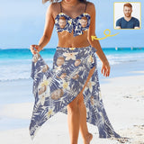 Custom Face Blue Flowers Bikini&Cover Up Set Women's Chest Bow Bikini Long Cover Up Skirt With Slit