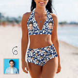 Custom Face Blue Flowers Halterneck String Bikini Personalized High Waist Two-piece Bikini Swimsuit